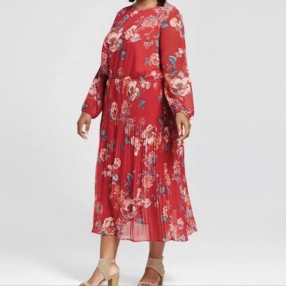 Ava & Viv Dresses & Skirts - NWT Ava & Viv Red Floral Pleated Midi Dress 3x